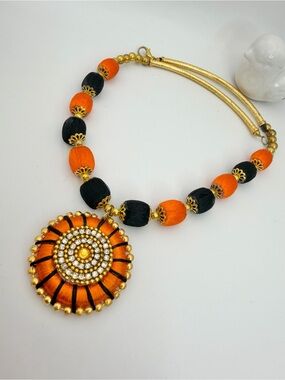 Handcrafted Orange & Black Silk Thread Pendant Necklace